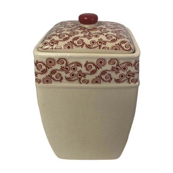 Nonnis Stoneware Canister  Sugar Red Beige Floral  8 1/2" X 5" x 5" - Picture 2 of 5